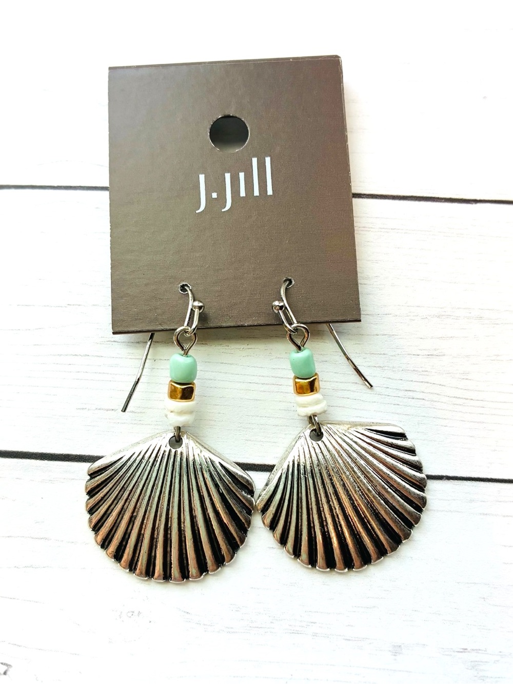NEW NWT J. Jill Silver Shell Aqua Gold White Beads Earrings $29 Retail Tag